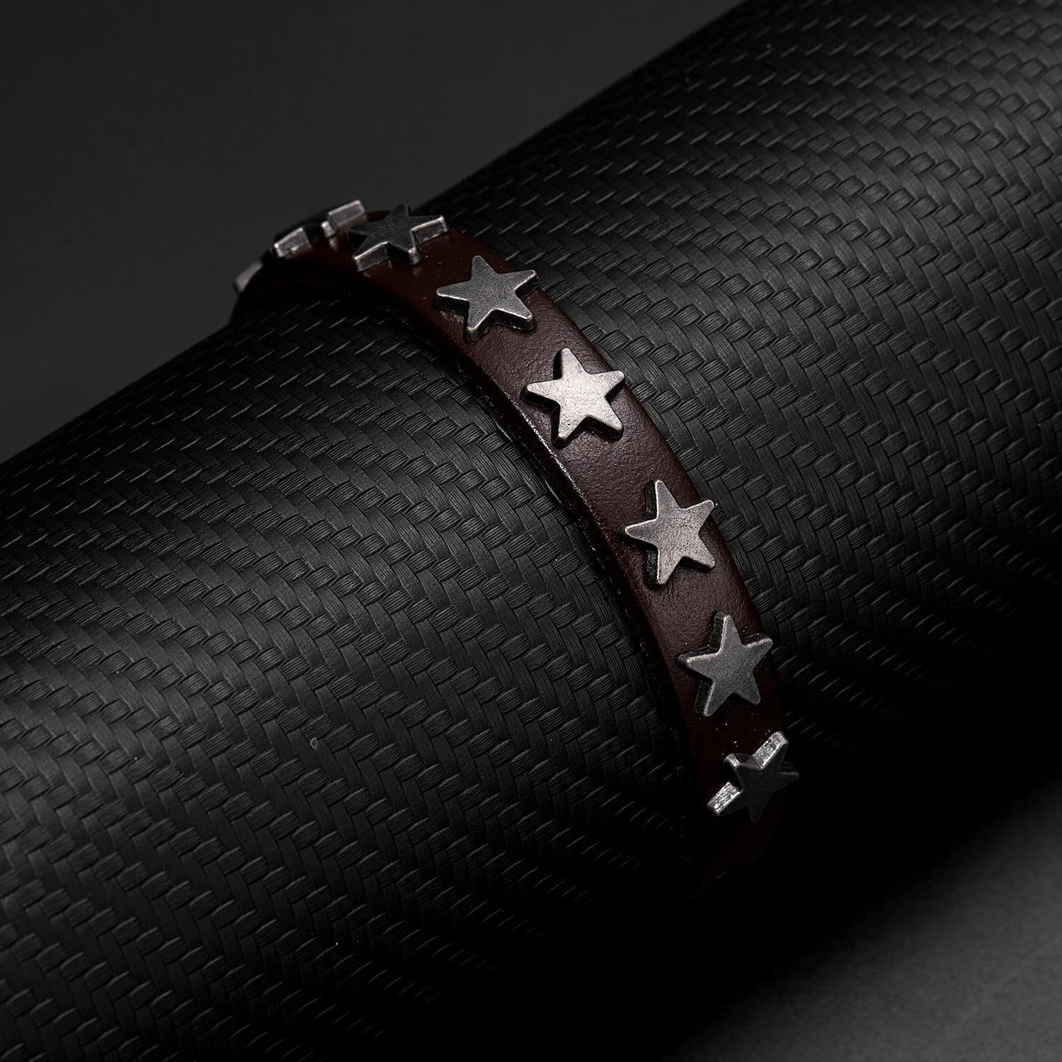 20g Weight Bangle Classification 1 Piece Quantity Daily, Street Occasion Pu Leather Material Star Pattern Men's Gender Punk, Simple Style Style Punk Simple Style Star Pu Leather Men's Bangle Men Cord & Leather Bracelets 1