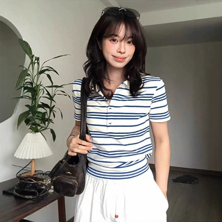 美式蓝色条纹polo领正肩短袖T恤女夏季设计感飘带收腰巨好看上衣
