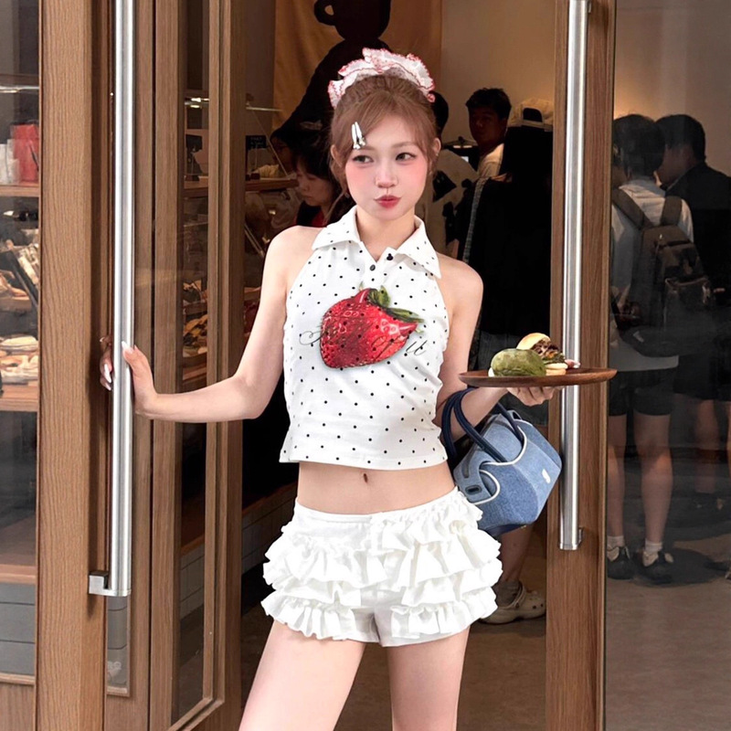 Sweet and Spicy Style Vest for Women Summer Strawberry Print Polo Collar Sleeveless T-Shirt Slimming Look Halter Top Tee
