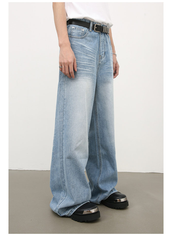 Quần jean nam ống đứng dáng suông rộng, vải denim giặt nước hiệu ứng nếp gấp, phong cách đường phố — Màu xanh lam chi tiết 9