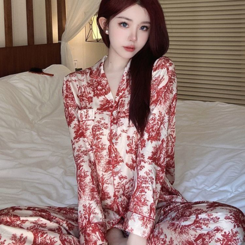 感绿色花卉印花冰丝睡衣女春秋季2025新款长袖套装丝绸家居服|undefined