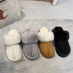 包頭加絨半拖鞋2024冬季厚底雪地靴居家鞋slippers毛毛拖鞋女外穿