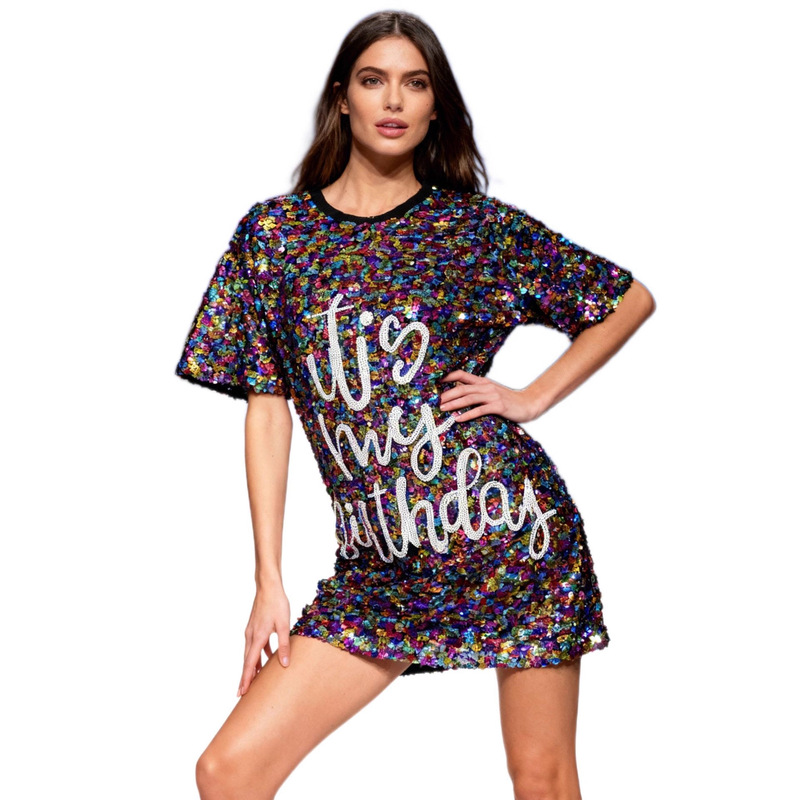 European and American Export Women's Fashion Birthday Party Round Neck Short-Sleeved Loose Casual Letter Sequin Long T-Shirt Top