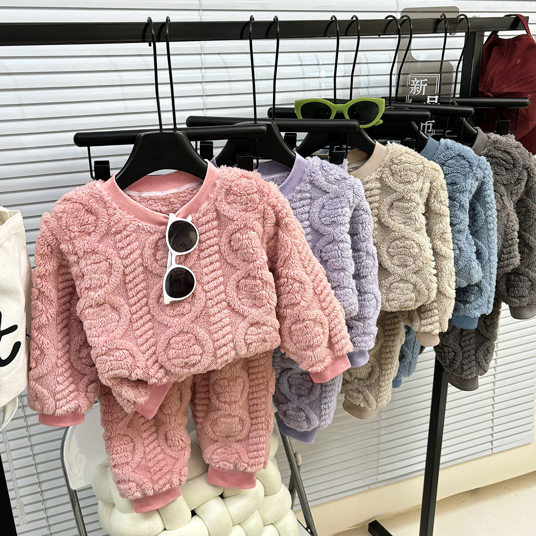 Children's Pajamas Autumn and Winter New Korean Style Girls Solid Color Thickened Warm Flannel Suit Boys' Jacquard Home Clothes