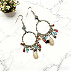 复古波西米亚民族风耳环女手作气质度假长款个性流苏贝壳耳饰批发