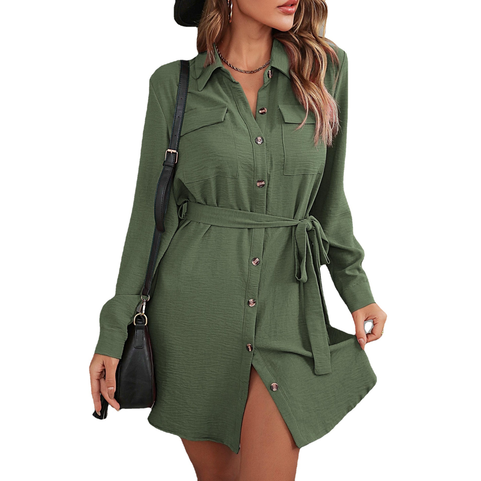 Women's Top 2024 Autumn Cardigan Flip Collar Women's Commuter Tie Up Shirt Dress_voghion.com
