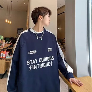 2024 Hong Kong Style Retro Sweatshirt Men's Spring and Autumn Round Neck Stitching plus size Pullover Top Trendy Brand Loose Jacket