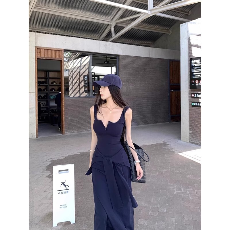 Navy Blue Spaghetti Strap Dress with a Unique Vibe, Summer Dress for Women, Elegant Waist-Cinching Slimming Long Dress, Sexy Bodycon Dress Navy Blue Spaghetti Strap Dress with a Unique Vibe, Summer Dress for Women, Elegant Waist-Cinching Slimming Long Dress, Sexy Bodycon Dress