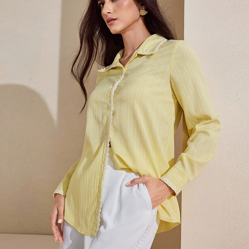 瑞逅2025跨境亚马逊独立站外贸欧美气质花边长袖衬衫纯色开衫上衣