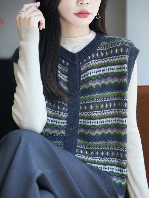 2025秋季新款女装复古女士针织衫马甲女坎肩背心外套女开衫A7427|undefined