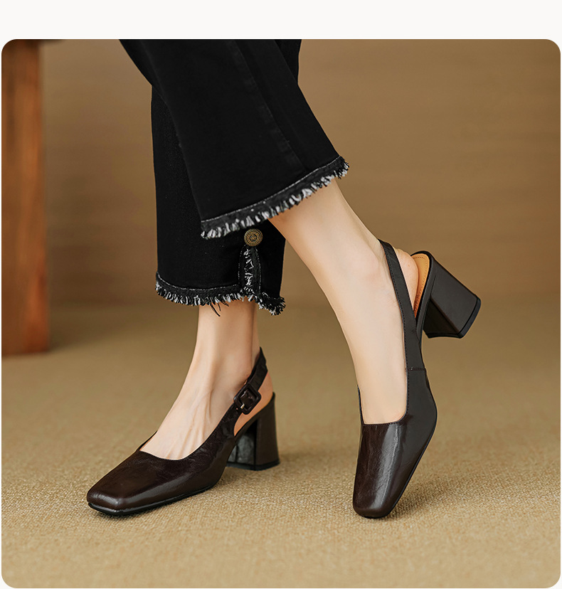 Sandal cao gót nữ mũi nhọn quai khóa, gót thô 9 cm phong cách Hàn Quốc — màu nâu chi tiết 10