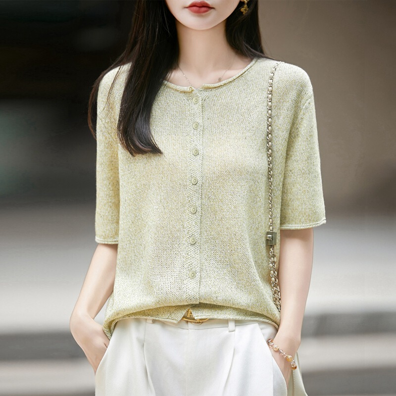 Summer New Style Round Neck and Paper Yarn Rolled Edge Knitted Cardigan Short-Sleeved Women's Soft, Skin-Friendly, Breathable, Casual Loose Top