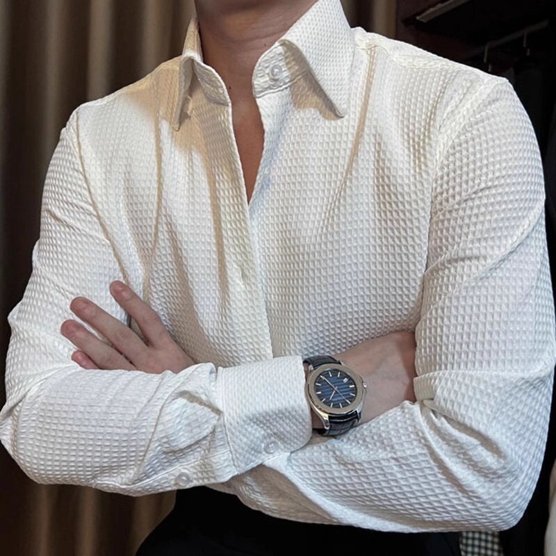 Waffle-Patterned Shirt for Men, Light Mature Style, High-End Business, Japanese Retro Trend, New Seamless Loose Casual Long-Sleeve Shirt