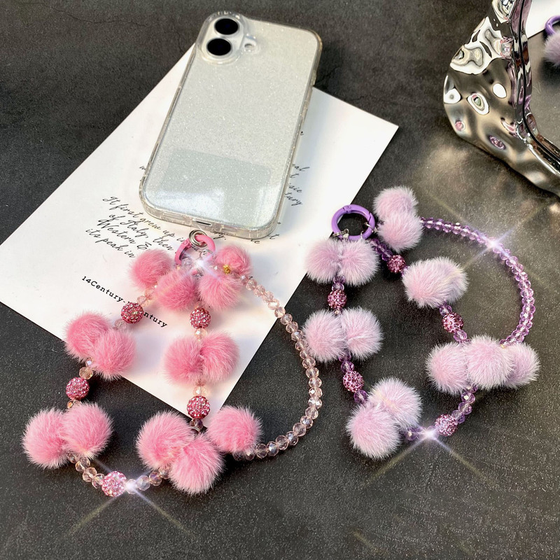 New hair ball beaded mobile phone chain crystal beads pendant high sense autumn and winter hair ball double chain wrist chain rope