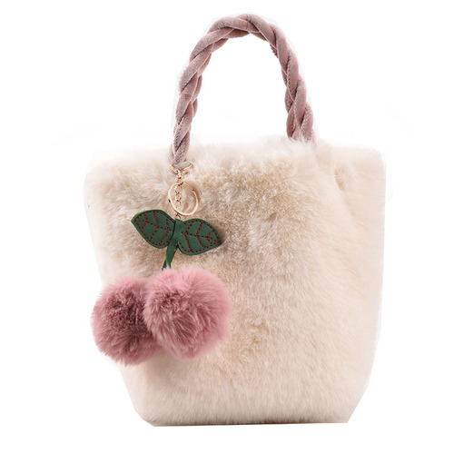 Cute Cherry Girl Plush Handbag Women Korean Style New Autumn and Winter Furry Shoulder Messenger Bag
