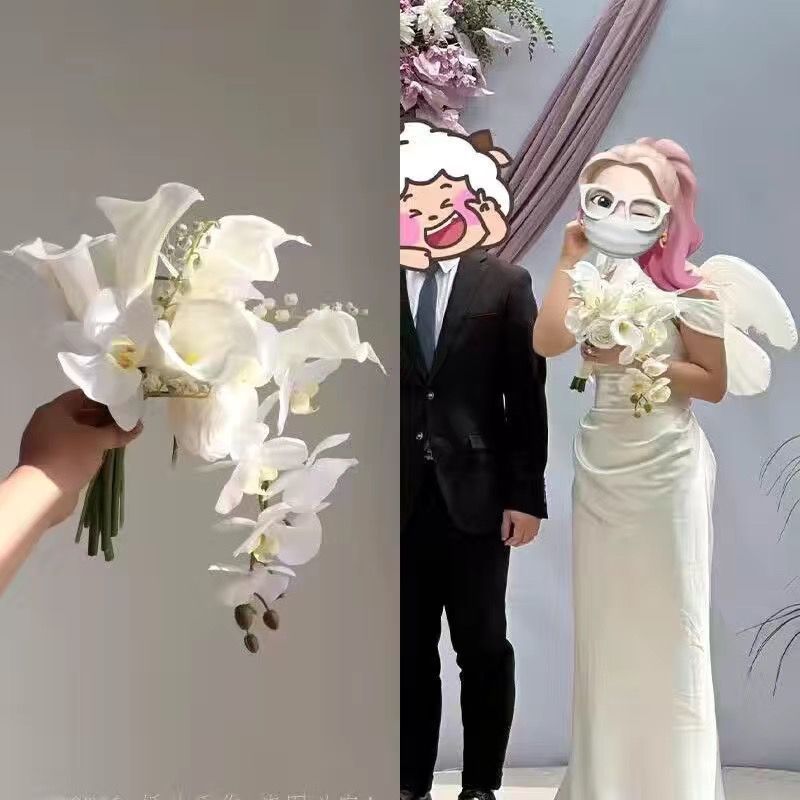 フォレストスタイル旅行写真ガーデンスタイル結婚式の写真撮影の小道具美的写真結婚式の滝水滴シミュレーション花嫁の花束|undefined
