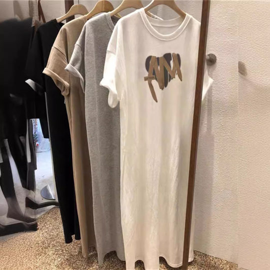 Short-sleeved Belly Covering T-shirt Long Skirt Women's Summer Korean-style Loose Fat plus size Casual Mid-length Over-the-knee dress