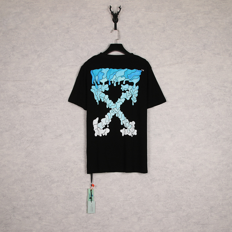 [Código Europeo] de flecha de gradiente clásico disuelto línea de advertencia de graffiti ow marca de moda pareja religiosa Camiseta de manga corta