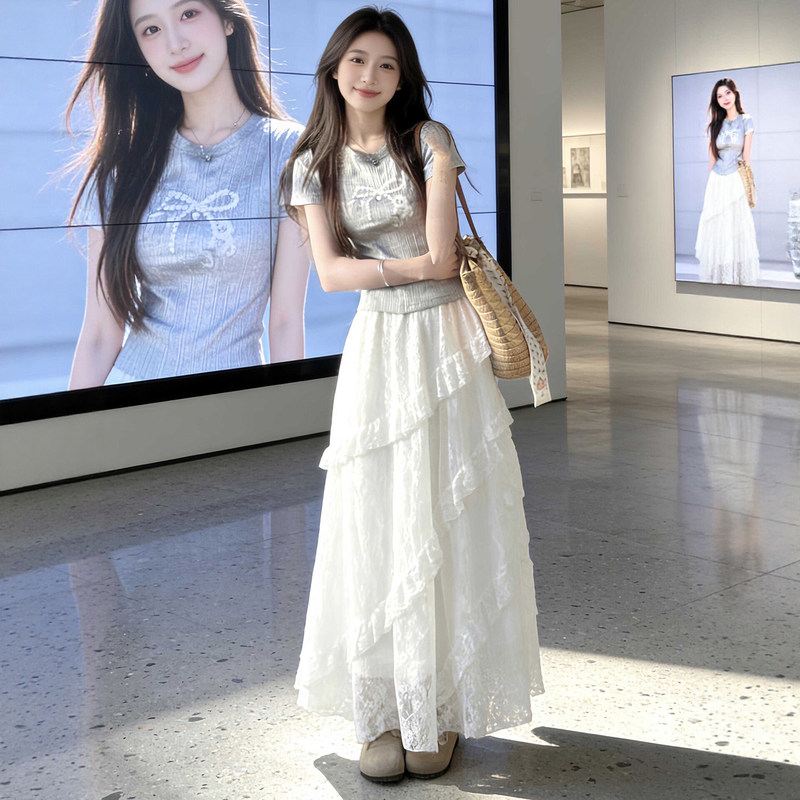 White Lace Skirt for Women, Summer 2026 New High-Waisted A-Line Skirt, Plus-Size Fluffy Cake Long Skirt