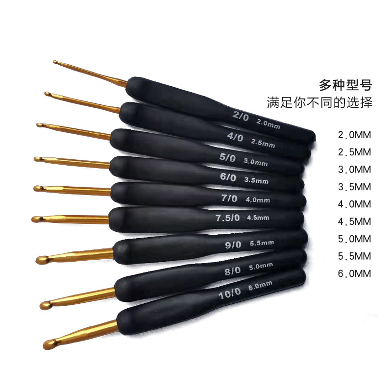 Herramienta de tejer suéter aguja TPR mango de silicona alúmina crochet mango negro oro aluminio crochet conjunto de 9 piezas