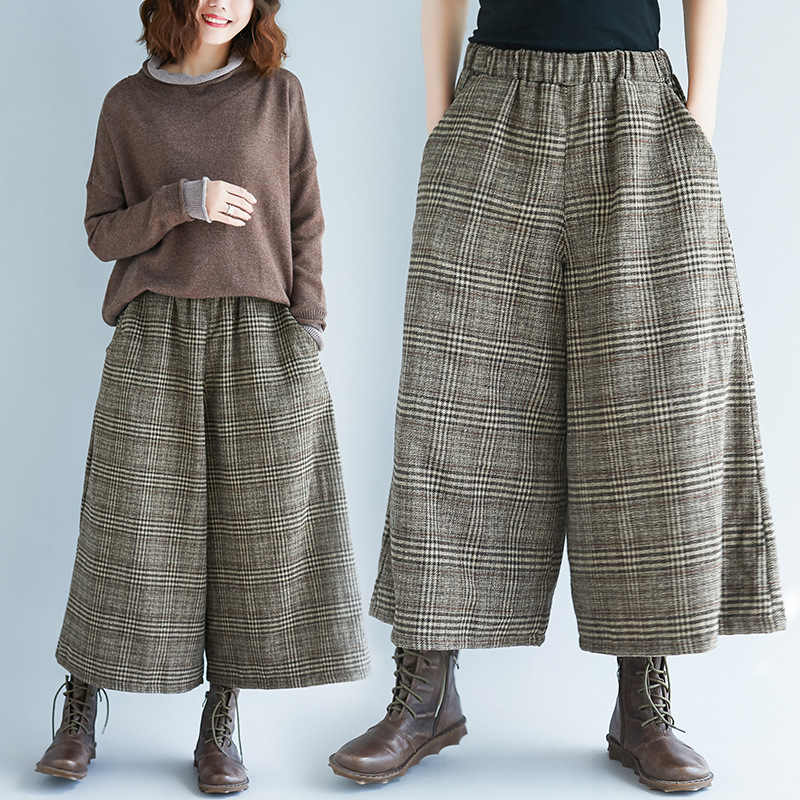 Real Shot of Autumn and Winter Elastic Waist Brown Plaid Culottes for Fat mm Literary Casual Three-Quarter Wide Leg Pants