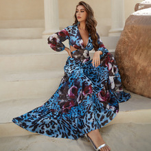 春夏热卖豹纹印花长袖雪纺连衣裙 深V领腰间镂空性感长裙-A017-2