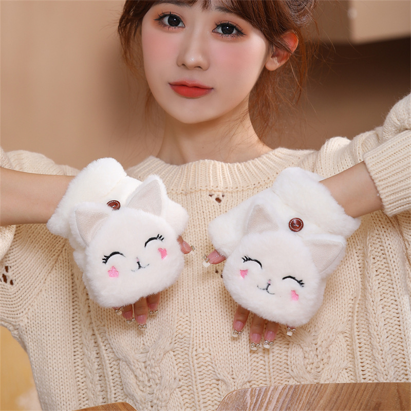 Gloves Women's Autumn and Winter Cute Riding Korean Style Cartoon fleece-lined Thickened Student Writing Flip Cover Gloves Warm Neck Hanging
