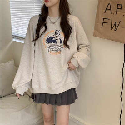 Long sleeve T-shirt printing Autumn new pattern Korean Edition Women's wear Easy T-shirts Long sleeve Thin section Mid length version Sweater jacket