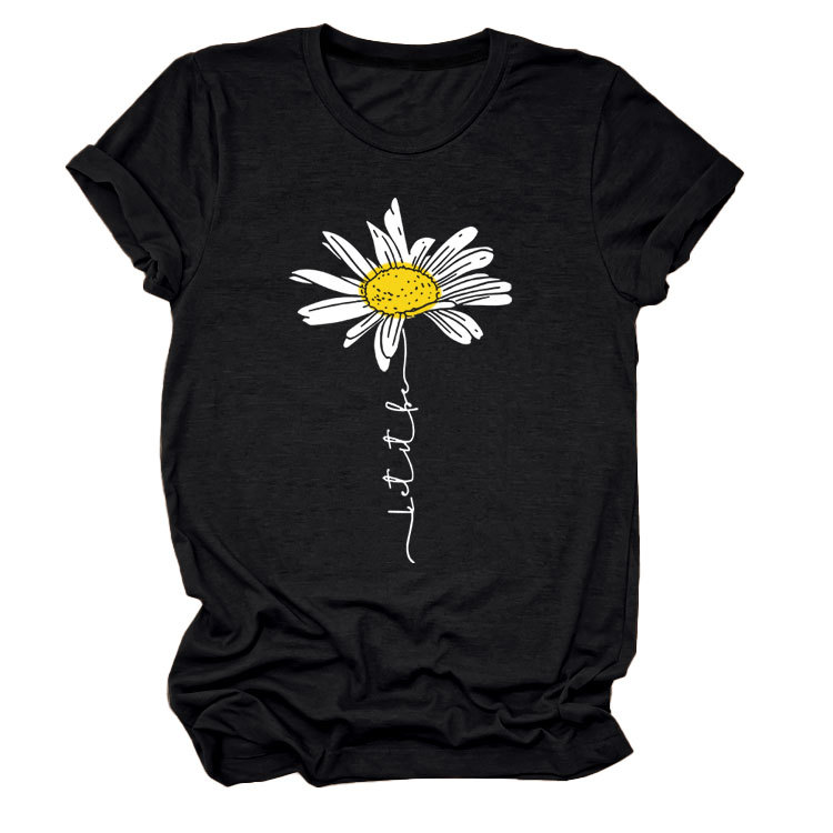 LET IT BE DAISY carta casual manga corta Amazon europeo y americano de las mujeres Top cuello redondo Camiseta suelta