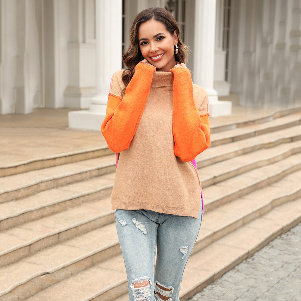 Suéter de Mujer Primavera 2025, Nuevo, Superventas en Amazon, Diseño Patchwork, Moda Tejida, Cuello Alto, Tendencia image 3