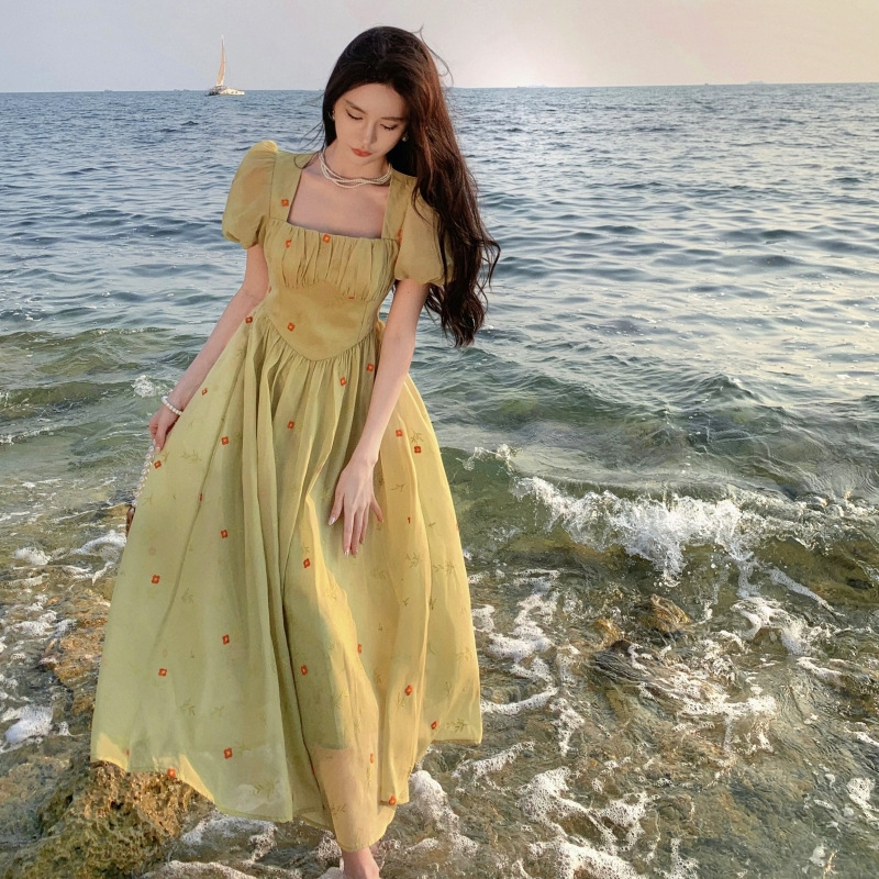 Summer Tea Tea dress French Gentle Style First Love Green Floral Square Collar Bubble Sleeve Long Dress for Children