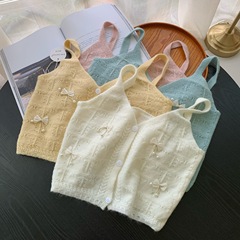 Japanese-style sweet and cute halter top with pearl bow lace hole soft and fluffy vest for 2023 early autumn new release