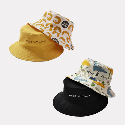 moinmlon spring and summer Korean version double-sided children's sunshade fisherman hat animal print baby cotton sun protection sun hat