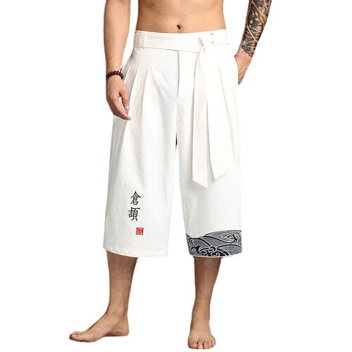 2025 Chinese-style men's wide-leg pants, cotton-linen 7/8 length, loose summer casual pants, trendy men's bottoms