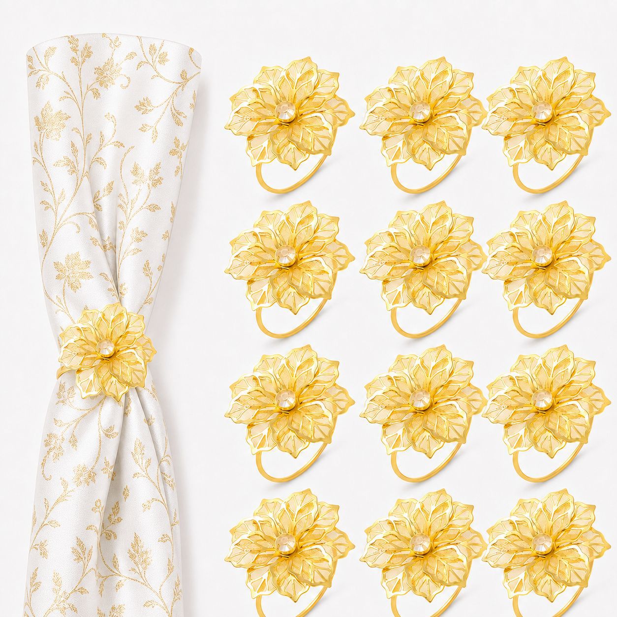 Gold Silk Screen Flower Napkin Rings, Hotel Table Setting Metal Napkin Rings, Light Luxury Banquet Table Decoration Supplies