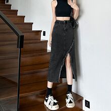 2024春装新款不规则设计感辣妹高腰牛仔裙女开叉毛边显瘦包臀裙子