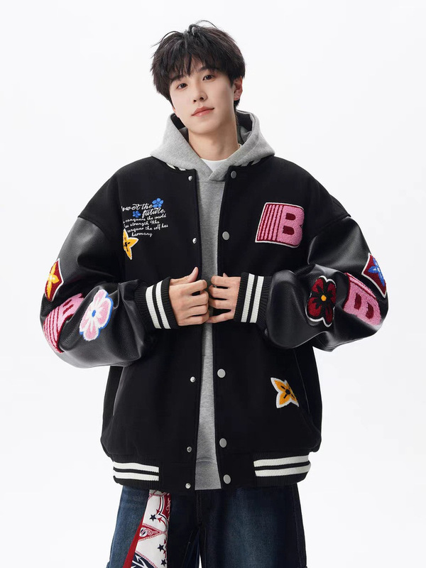 American-Style Color-Blocking Baseball Jacket for Men, Autumn Jersey Style Embroidered Cool High Street Casual Couple's Jacket