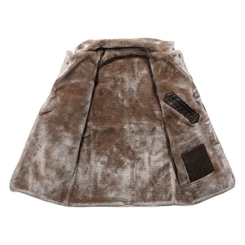 Abrigo de piel de cuero artificial de solapa grande forrado de lana de negocios de otoño e invierno para hombres de mediana longitud