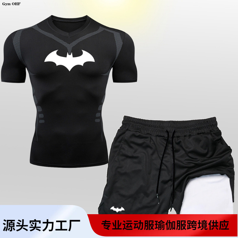 European and American Movie Animation 2-in -1 Double Shorts Short Sleeve suit Men's Gym Running Top Sportswear European and American Movie Animation 2-in -1 Double Shorts Short Sleeve suit Men's Gym Running Top Sportswear