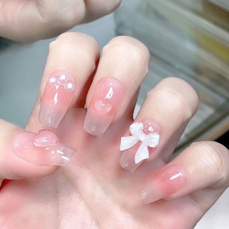 Hand-Painted Pearl Nail Art with Airbrush for Girls and Students, Short Style Blush Bowknot, Simple Blush Gradient Smudge Hand-Painted Pearl Nail Art with Airbrush for Girls and Students, Short Style Blush Bowknot, Simple Blush Gradient Smudge