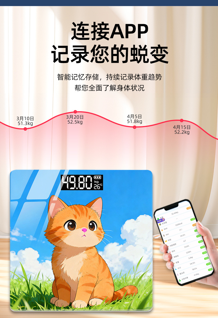 Smart Bluetooth Body Fat Electronic Scale Cartoon High-Precision Household Weight Scale Compact Dormitory Rechargeable Cross-Border Wholesale