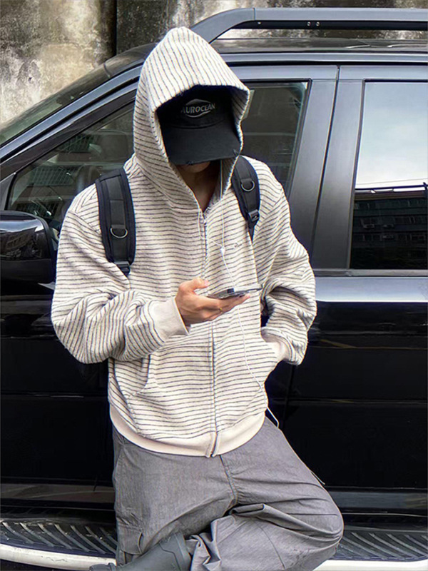 黑白条纹连帽开衫卫衣男款秋季潮牌设计感小香风美式街头拉链外套|undefined