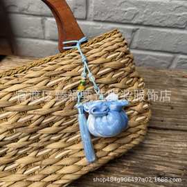 棉麻扎染蓝染流苏包挂车挂柿子手工布艺挂件包包配饰旅游纪念