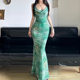 2024 summer new fresh mint green swing collar pleated waist slimming butterfly printed mesh dress dress