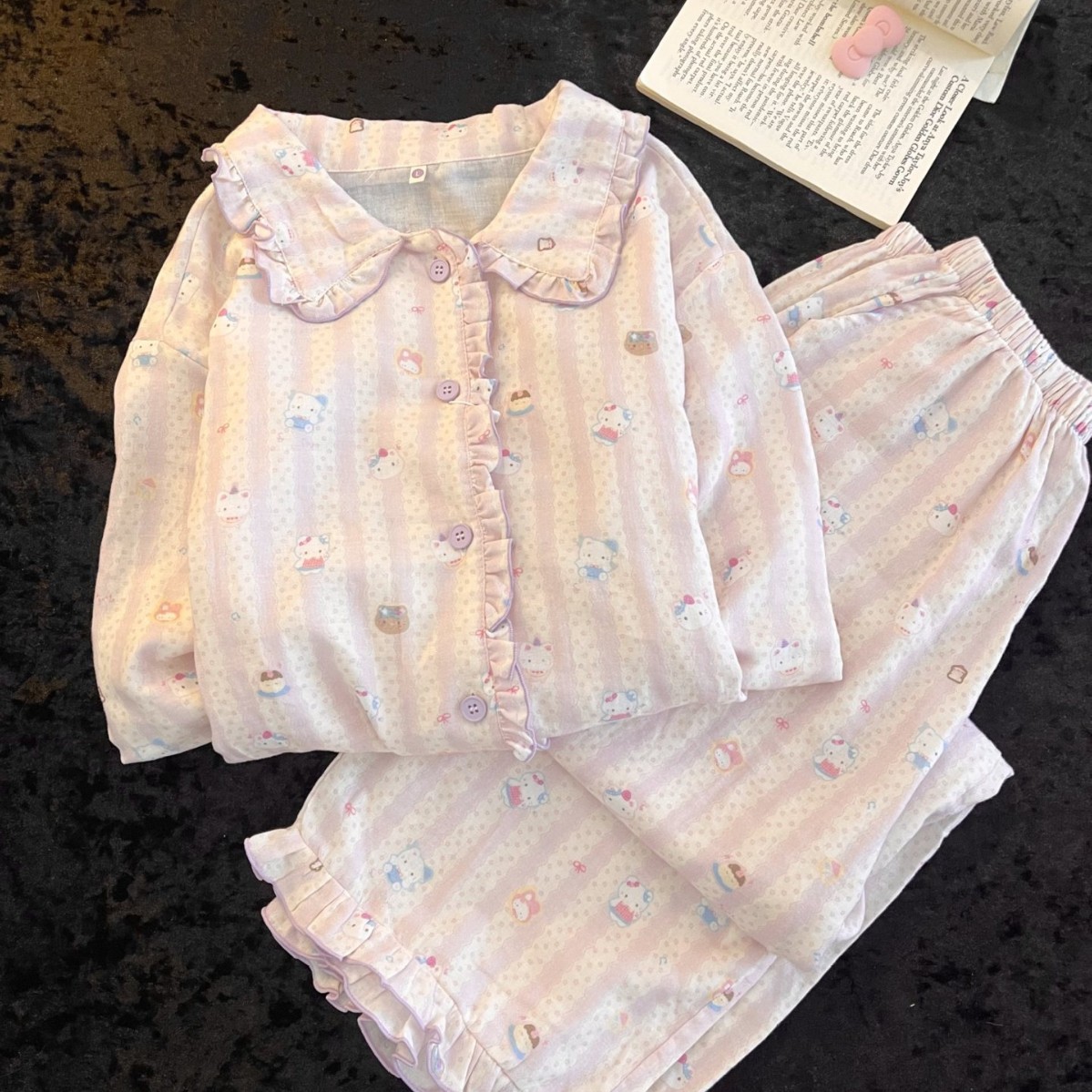 Korean Style Cute Girl Pajamas Spring and Autumn Long-Sleeved Long-Pants Set Student Soft and Sweet Lace Kitten Loungewear