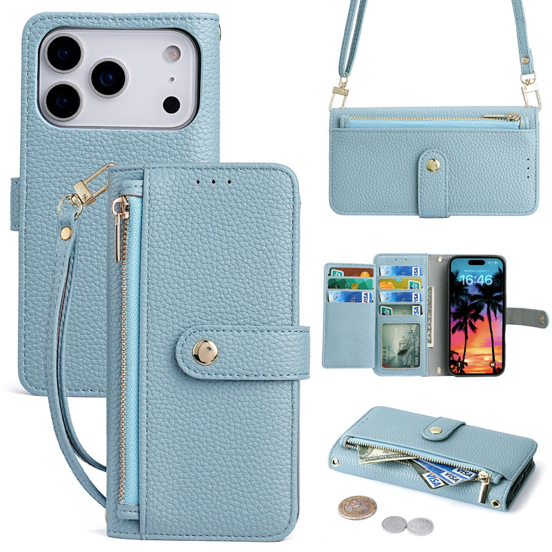 Cross-Border Applicable Iphone17 Mobile Phone Leather Case Apple 17Pro Zipper Bag Wallet Diagonal Mobile Phone Protective Case