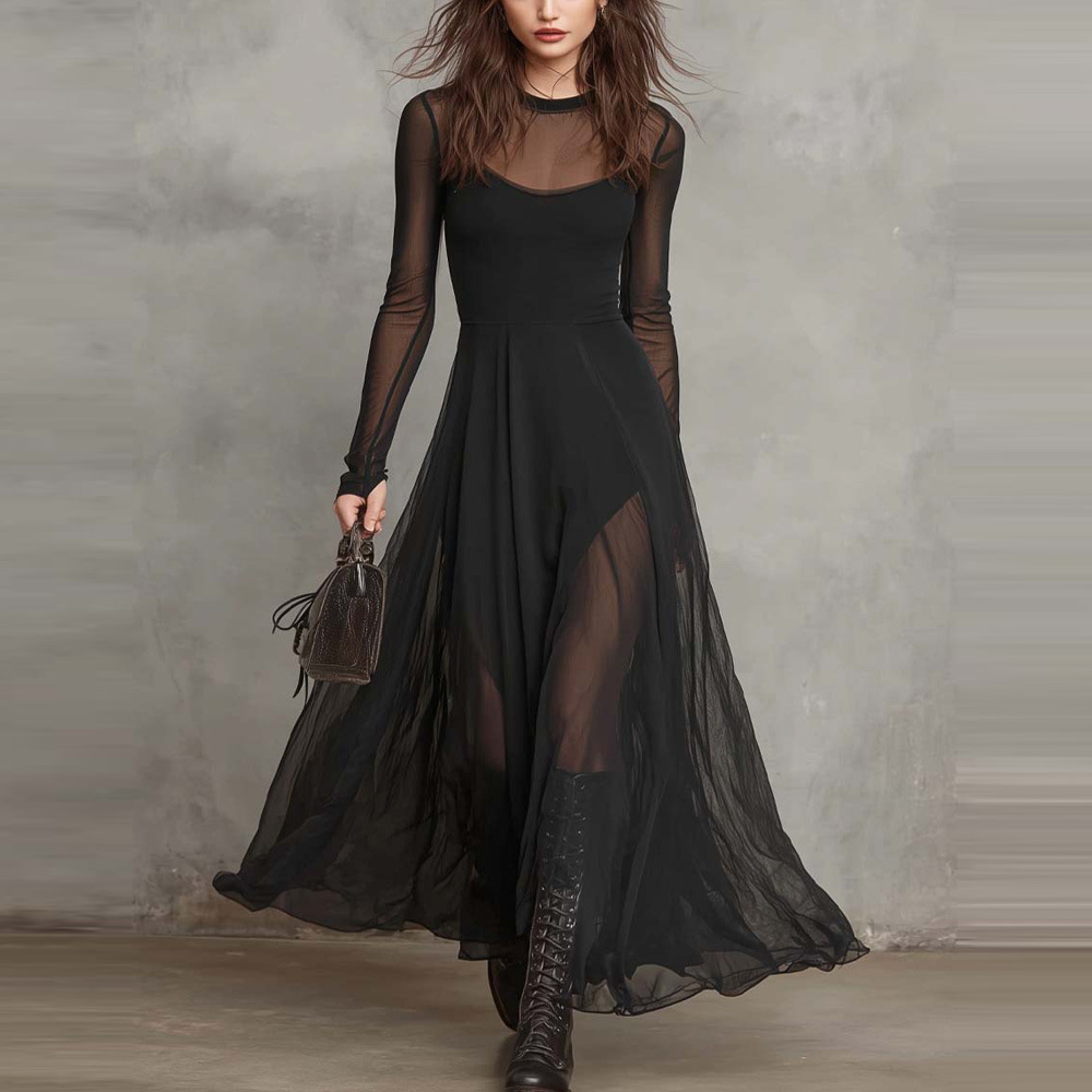 Cross-Border Amazon Fashion Elegant Dress for Women 2025 Autumn and Winter European and American Style Elegant Spliced Long-Sleeve Mermaid Dress