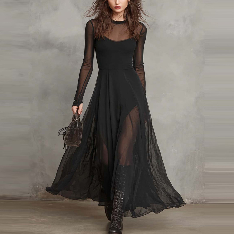 Cross-Border Amazon Fashion Elegant Dress for Women 2025 Autumn and Winter European and American Style Elegant Spliced Long-Sleeve Mermaid Dress
