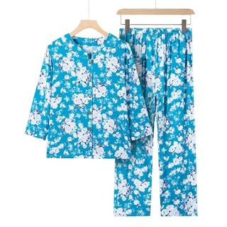 中老年睡衣女薄款妈妈棉绸长袖开衫家居服套装奶奶大码两件套夏季