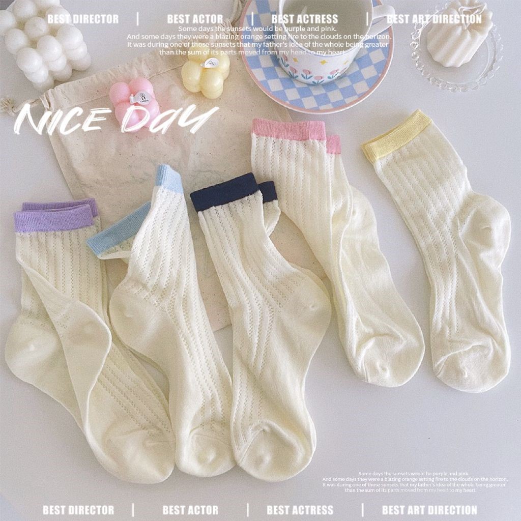 襪子女夏季薄款網眼中筒襪涼感透氣夏天ins風穿搭奶白色長襪拼色